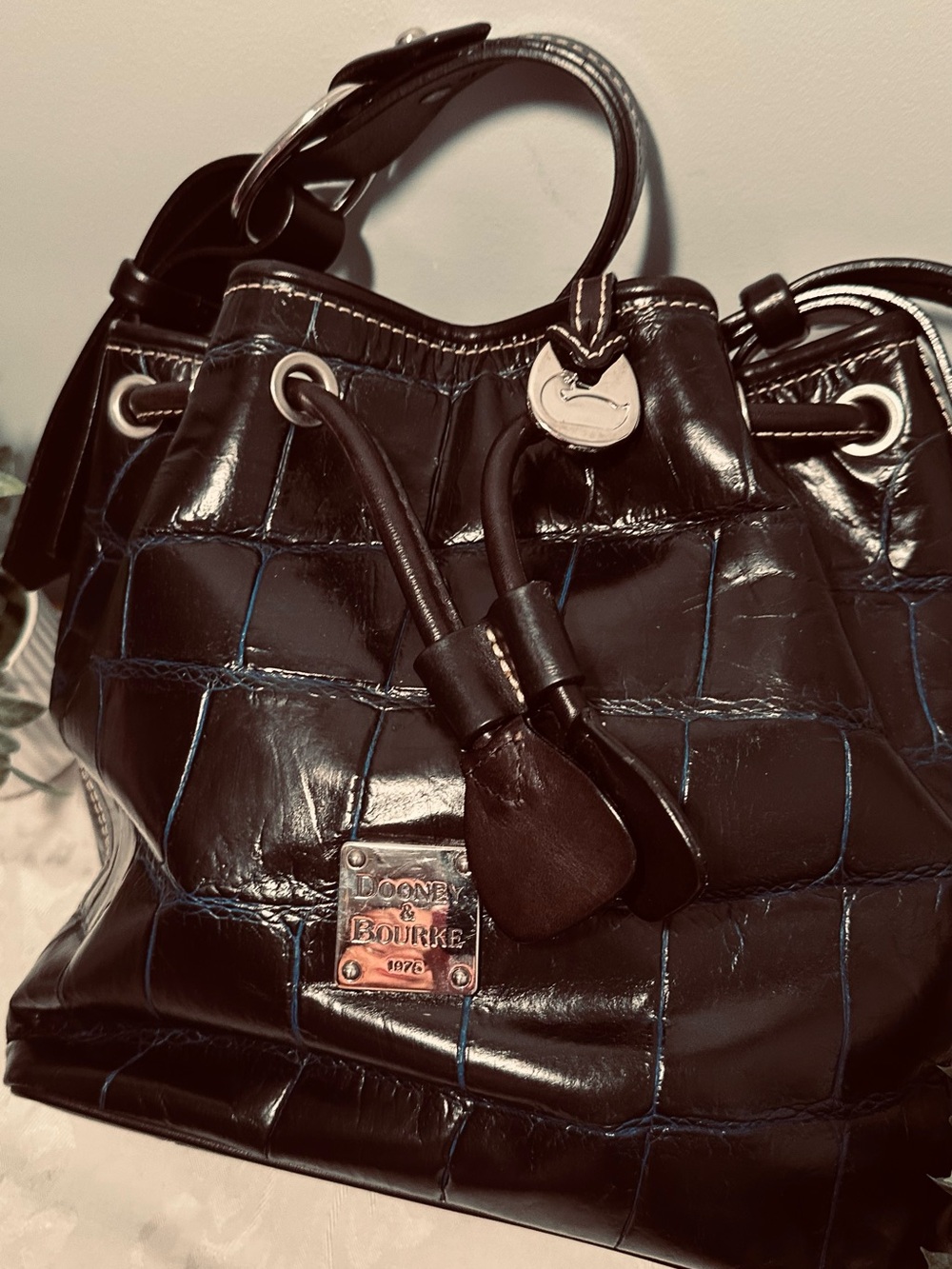 Dooney & Bourke Black Leather Croc Embossed Drawstring Bucket Bag